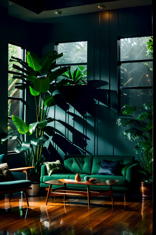 midcentury modern living room dimly lit with dark rainy evening outside, (foggy rainy evening:1.2), pacific northwest, (dim lighting:1.4), (moody lighting:1.2), plants, large plants, rainy, monstera, many plants, (foggy windows:1.2), masterpiece, best quality, twilight hour, (nighttime:1.4), rainy evening, after sunset,