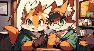 A squirrel sitting at a table cool cool cool style picture, serious expressions,With a pair of glasses?large tail? commission on furaffinity,Portrait of Squirrel, fursona art, furaffinity commission, ,Squirrel supplement, A squirrel, Anthropomorphic squirrel, A haughty expression, fursona furry art commission