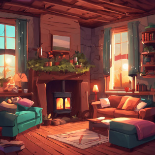arafed room with a couch, a fireplace, and a window, cozy room, cozy wallpaper, cosy enchanted scene, cozy place, cozy home background, cozy environment, cozy atmospheric, cozy atmosphere, warm interior, cosy atmoshpere, cozy and peaceful atmosphere, relaxing concept art, pleasant cozy atmosphere, cozy setting, cozy and calm, designed for cozy aesthetics!
