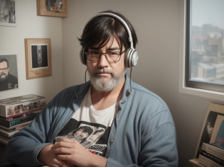 realistic drawing of an old man, black hair, white beard, black eyes, wearing glasses, lying in bed, wearing headphones, looking at the ceiling, dim light, a puppy lying next to him, in bed, vinyl records scattered around the room, pictures of 80's heavy metal bands on the wall, lofi boy, lofi artstyle,  lofi feel, lofi, lofi boy aesthetic, lofi vibe, lofi aesthetic, lofi vibes, lofi colors, lofi portrait, ghibli and ilya kuvshinov, lofi sleep