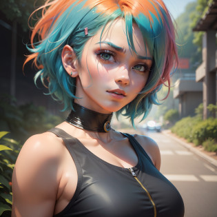 A vibrant portrait of Bulma, her hair billowing in the wind,Short hair, Blue hair , Stand at the top of the urban futurism?Overlooking a lush green valley , sexy  orange  clothes,  Blue hair.
, Digital art, ?master piece, Scratches,  Head, Looking, Anatomically correct, (((8K resolution))) ,  Style Bulma Dragon Ball Z,  1 character
