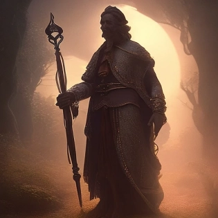Foto de una hechicer�a ultrarrealista, vistiendo cuero, con un bast�n negro, luz dram�tica, amanecer p�lido, iluminaci�n cinematogr�fica, maltratada, �ngulo bajo, tendencia en artstation, 4k, hiperrealista, enfocada, detalles extremos, motor irreal 5, cinem�tica, obra maestra , arte de studio ghibli, ilustraciones intrincadas de john william turner