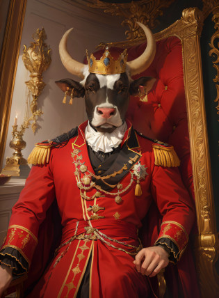 Dressed in red aristocratic clothing?Arapei sits in a red chair wearing a crown, majesty in noble clothes, royal portrait, Inspired by Horace Vernet, inspired by Nicolaes Maes, portrait of a king, royal portrait painting, royal emperor, Inspired by Nicolas Eliasson Pikenoi, author?Thomas Dazier, dignified aristocrat, The royal costume head is a bull's head, And the body is the human body realistic Unreal Engine 5