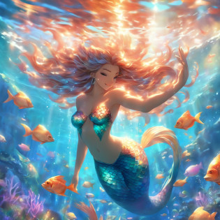 (goddess of the ocean,mermaid,multi-colored long hair,mystical),(best quality,4k,8k,highres,masterpiece:1.2),ultra-detailed,(realistic,photorealistic,photo-realistic:1.37),aquatic,serene,ethereal,underwater beauty,serenity of the sea,reflections in water,sparkling sunlight,dancing waves,scales gleaming in the sunlight,seashells and pearls,flowing vibrant tail,graceful and enchanting,seamless transition between land and sea,wisps of seaweed,coral reefs and colorful fish,tranquil blue hues,gentle waves caressing her,breathtaking oceanic kingdom,sirens' sweet melodies,hidden treasures deep within the sea,temples of the sea gods,alluring eyes,humans and sea creatures living harmoniously,floating amidst the currents of the ocean,celestial aura,mythical creatures rising from the depths,tranquility of the underwater world,aureate rays of sunlight piercing the surface,mermaid royalty,serene expression,mesmerizing beauty,heavenly creatures emerging from the water,deep ocean mysteries.