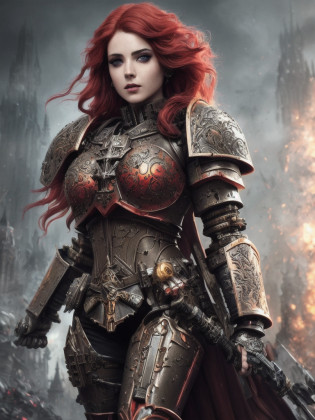 cyborgdiffusion, (extremely detailed photo 8k), (((full body))), ((warhammer 40k)),shot of the most beautiful artwork in the world , beautiful (sister of battle),red hair , cleavage, ((wearing intricate sci fi colorful engraved armor)), cinematic lighting, very detailed face and eyes, elaborate fantasy gothic cathedral  background,(((detailed facial features))), very dark lighting, heavy shadows, detailed, detailed face, vibrant, dark, sharp focus, 8k, trending on CGSociety, Intricate, (High Detail), Sharp focus,