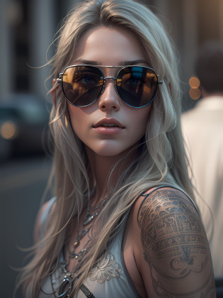 A very realistic and very detailed picture of a beautiful German woman wearing sunglasses in the future city of Berlin , The outfit engraved with German shield plates , long��hair, Hand and body tattoos, Fashion pose, Beautiful hazel eyes symmetrical detailed, detailed gorgeous face, Advanced German Environment , Integration of German civilization with futuristic nanotechnology , outstanding detail, 30 MP, 4k, ?????? ????? EOS 5D Mark IV ??????? SLR, 85mm lens, sharp focus, intricately detailed, Long exposure time, f/8, ISO 100, shutter speed 1/125, Diffused backlight, ((award winning photograph)) , facing camera, looking into the camera, Monovision, Perfect contrast, high sharpness, facial symmetry, Depth-of-field, ultra-detailed photography, Raitsar, global illumination, Tanvertamim, downy, Ultra-High Definition, 8k, unreal engine 5, Ultra-sharp focus, award-winning photograph, trending on Artstation