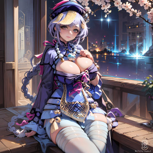 Qiqi Genshin Impact, full body, (NSTDA.:1.2), (10, best-quality, masterpiece: 1.4), ultra high resolution, (realistic, realistic: 1.48), 25 years old, Cute girl, , famous Japanese actress, huge breasts, blue eyes, head tilted, cowboy shot, from the front, looking at viewer, emotionless, beautiful lake, Zeiss 150mm F/ 2.8 Hasselblad, in court. Japanese, full body, feet, ultra wide angle