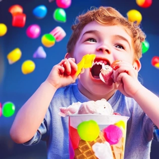 cute, adorable, smiling boy eating ice cream, candies flying all around her, Pixar, disnet, cinema lighting, gaming, 8k, magic, love --ar 2:3 --q 2 --v 5