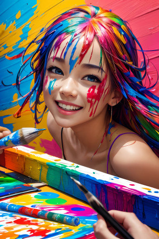 (Best Quality,Ultra-detailed),(Realistic:1.37)Girl draws a picture,Smiling,Covered with paint,An impatient expression on his face,Artistic creativity,Joyful,Playful,Happy,expressive,Beautiful bright colors,imagination,Artistic talent,Passion for art,Colorful clutter,paint splatter,paint strokes,The Artist's Move,The Creative Process,Presentation of the final result,inspiration,Artistic creativity,Vivid imagination,Drawing tools,Artist's palette,canvas,Artistic expression,brush strokes,A creative journey,Artistic endeavors,Artistic performance,Creative energy,artistic atmosphere,Artistic creativity,Expressive features,Playful atmosphere,Artistic playfulness,Live Art Scene,Artistic triumph,Dynamic composition,Living works of art,Colorful & Vibrants,The result of artistic expression,Energetic manner of writing,A colorful masterpiece.