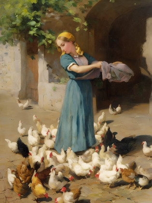 a painting of a woman feeding chickens in a courtyard, by Philip de L�szl�, by Giovanni Fattori, by Cor Melchers, by Vincenzo Irolli, by Antonio Ciseri, by Hubert von Herkomer, gaston bussiere. blond braid, by Eug�ne Brands, by Adolf Hir�my-Hirschl