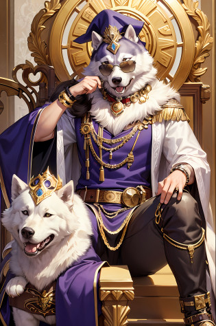 masterpiece, best quality, realistic, fashion husky, husky, dog head, glasses on the head, gear, gemstones, sunglasses, gold, jewelry, magic circle, male_focus, pants, shoes, sunglasses, tassels, throne,