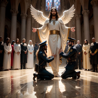 Jesus is standing on a platform surrounded by angels and other people, o Deus Imperador da humanidade, epic biblical representation, Jesus Cristo, heaven!!!!!!!, Jon McNaughton, catholic religious art, Imagens Religiosas, Segunda Vinda, epic masterpiece, O Senhor e Salvador, album art, Rei dos Reis, Pintura Religiosa, Arte Conceitual de Deus, album photo, Imagens Sagradas, The people kneeling at Jesus' feet are police officers wearing black --auto