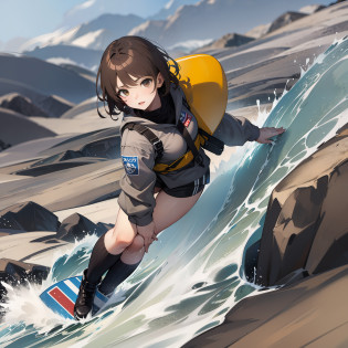 snow mountain surfing girl brown hair ability flying