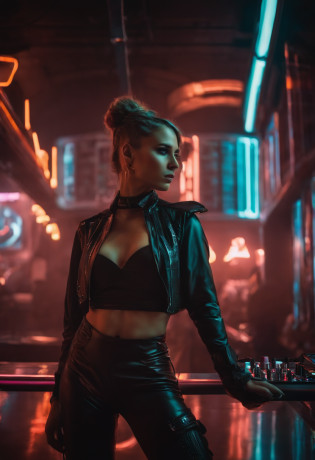 Por favor, gere uma imagem de uma DJ feminina perfeitamente integrada com equipamentos de mixagem de ponta em uma boate com tema cyberpunk. A boate deve ter um visual futurista, neon-lit environment with holographic displays and elements of urban decay. O DJ deve estar no centro da imagem, Skillfully manipulate the equipment with a dynamic pose. Your costume and appearance should reflect the cyberpunk aesthetic, com roupas futuristas, cabelo neon, and cyber enhancements, If possible. Toda a cena deve exalar uma alta tecnologia, dystopian atmosphere.