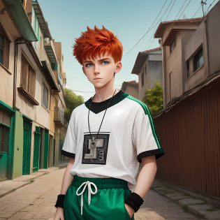 A 15-year-old white boy with an angular face but attracting light green eyes with very red hair a small mischievous smile on his lips dressed in a counterfeit adiddas jogging, masterpiece, photorealistic.