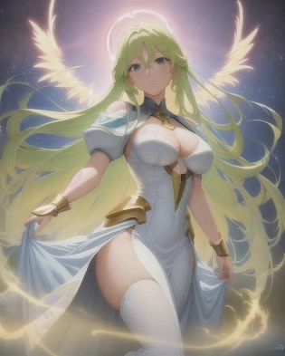 A beautiful female as an angel from the clouds. The painting is anime, professionally color graded, 8k HDR, vivid, bright, anime faces, hyper resolution, depth of field, and created by Artgerm, Greg Rutowski, and Alphonse Mucha with volumetric lighting. The painting has very bright colors and uses anime faces.