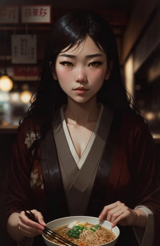 award winning portrait photo, face focus, stunning Japanese woman, beautiful ((ramen shop)), professional majestic impressionism oil painting by Waterhouse, John Constable, Ed Blinkey, Atey Ghailan, Studio Ghibli, by Jeremy Mann, Greg Manchess, Antonio Moro, trending on ArtStation, trending on CGSociety, Intricate, High Detail, dramatic, makoto shinkai kyoto, trending on artstation, trending on CGsociety, deep shadow, high contrast