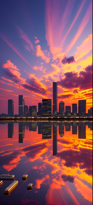 city, black gold style skyscraper, sunset, have a beautiful sunset, surreal colors, colorful sunsets, colorful sky, wonderful sky reflection, amazing sky, fantastic atmosphere 8K, colorful clouds, color reflection on lake, surreal sky, red and blue reflection, fire reflection, beautiful sky, beautiful and spectacular dusk, beautiful dream landscape, amazing sky
