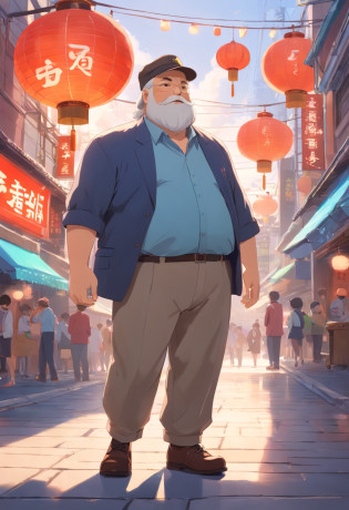 A middle-aged Chinese fat man with a white beard, wearing hat, Wear traditional clothing, by Pixar, full bodyesbian, Pure frontal, Stretch your hands forward, Light perception, Optimized details?He had a puzzled look on his face?In front is an air pump?There is also a signboard?It says 