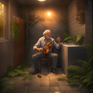 The old man sits on the tile floor inside a bathroom. In front of him is a cabinet. He is eating a steak with grease everywhere.
The brick walls appear around the man. A violin is now behind him and a small shrub stands to his right, fully shading him from the sunlight. He is in a rainforest in Brazil gazing at the moonset through the dense trees.
The rainforest transforms into an alleyway in New York City. The shrub and violin disappear. The sunset peers through the buildings as the man watches its rising light while sitting on the concrete and eating his steak.
Finally, the concrete reverts back to tile as the walls reconstruct around the man. He is once again inside the bathroom sitting on the tile floor next to the cabinet. The violin reappears behind him. The man eats his steak and awaits the sunset out the small window, enclosed by the familiar walls.
