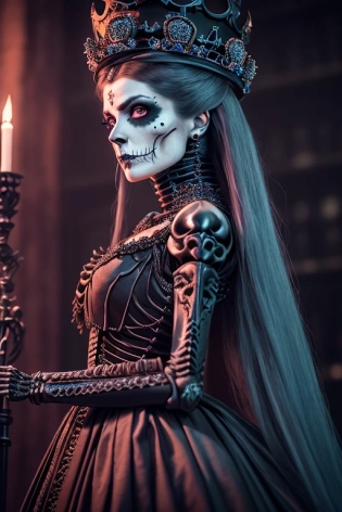 a beautiful skeleton woman dressed in a queens attire, queen of the underworld, deep blue eye sockets, detailed eyes, living dead, morbid, unholy, a living dead, fantasy, extremely intricate, cinematic, hyper realistic, hyper detailed, cinematic, absurdres, 4k, 8k, UHD, HDR, octane render, unreal engine