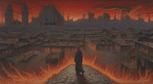 Painting of a man standing in front of a city with a fire, O inferno de Wayne Barlowe, Cidade no distante em chamas, Cidade queimada, Cidade em chamas no fundo, Uma cidade antiga em chamas, pintura de fantasia fosca grimdark, Pintura do Inferno de Dante, beksi?ski, arte do apocalipse, Cidade em chamas, Mordor como uma cidade movimentada, Queimando fundo da cidade