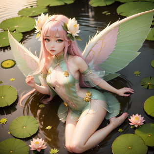 (Best Quality,Ultra-detailed,Realistic:1.37)?Lotus Grass Fairy?An 18-year-old woman????Anthropomorphic lotus grass?(Clear eyes:1.5)?Bewitching look?Light pink hair?Fairy with wings?(Flashy clothes with lotus grass motif:1.5?Emphasis on the characteristics of lotus grass)?On the flowers of lotus grass?Lotus grass garden?Full body