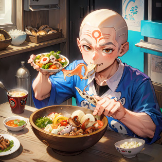 Cartoon man eating a bowl with fish, squid, octopus, small fat and head shaved anime food, delicious, eat bowl, eat from a bowl, Japan cartoon style, bowl full of food, serve a plate of food, negao, he is very happy and delicious food