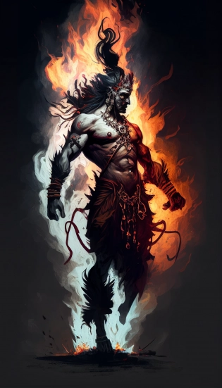 Lord Shiva, Indian mythology, one piece character, symmetric body, holding a three-pronged spear full body, extremely detailed, cinematic lighting, high contrast, artstation, character concept art, 8K:: background flames --q 2 --v 4 --stylize 600 --ar 9:16 --s 750 --v 5. 1