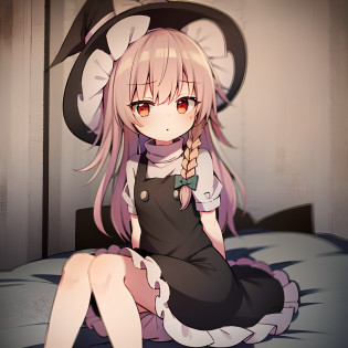Anime girl in witch hat sitting on bed, kirisame marisa, marisa kirisame, kirisame marisa from touhou, touhou character, from touhou, small curvaceous loli, Loli, Touhou, touhou project, lollipop, zerochan, loli in dress, small loli girl, zerochan art, anime girl named lucy