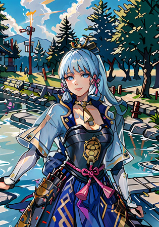 (masterpiece), (best quality), (ultra detailed),(disheveled hair),(illustration), (1girl), standing, smiling, beautiful detailed eyes, light blue eyes, detailed beautiful face, (kamisato ayaka: 1.2), focus on face,  ponytail, kamisato ayaka(genshin impact), light blue hair, detailed hair, bangs, best lighting, best shadow, highly detailed, vibrant