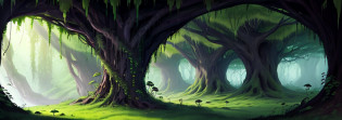 massive cave overgrown with fungus, vines encasing the walls, sickly green glow, infestation, spores floating around