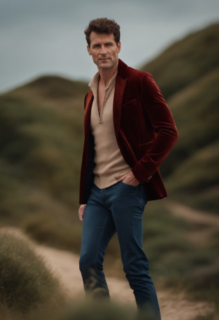 A handsom man in red, the style of patrick demarchelier. wearing a red velvet jacket and blue jeans , Tall and fit, (40 years old:1.1), (shaven:1.2), (short brown hair and a little curly:1.5),(very short hair:1.6). in the style of ethereal beauty, realistic blue skies, hasselblad 1600f, hyper-realistic portraiture, bold colors, dynamic lines, smooth and polished .