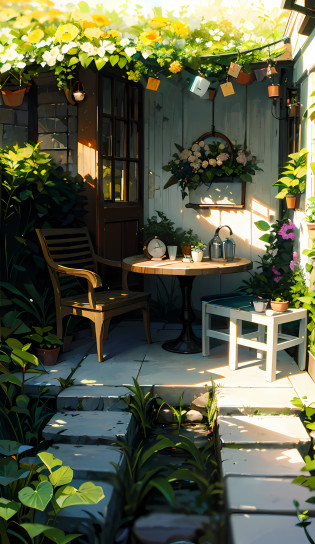 there is a painting of a garden with a table and chairs, cozy cafe background, interior background art, relaxing concept art, garden background, anime background art, realistic garden, garden environment, relaxing environment, quiet and serene atmosphere, personal room background, garden setting, anime beautiful peace scene, peaceful ambience, cute style garden, peaceful environment, peaceful scene