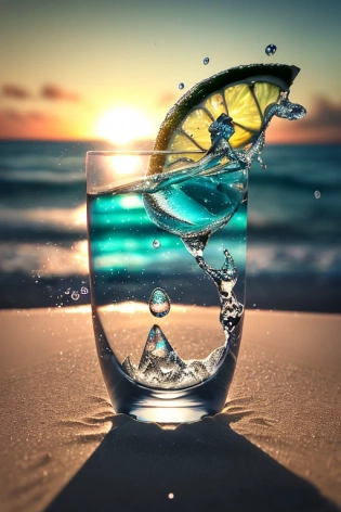 RAW photo, masterpiece, close up photo of a glass of carbonated water, air bubbles, lime and ice cubes, intricate, detailed, in the sand at the beach, tropical beach in the background, perfectly shaped glass, water droplets, ice cubes, lime, cherry, intricate, detailed, white sand, sunny day, natural light, rule of third, cinematic composition