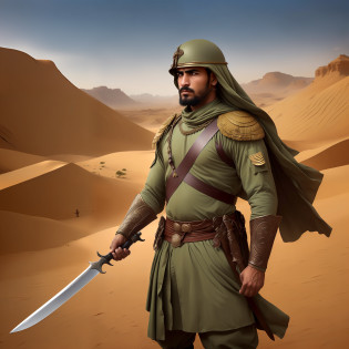 Step into the world of valor and courage with a captivating prompt featuring an Arab soldier wielding a gleaming sword. This evocative image depicts the soldier in the midst of an epic battle, standing tall and resolute. Clad in traditional armor that reflects the rich history and culture of the Arab region, the soldier exudes an aura of strength and determination.

The sword, held firmly in the soldier's hand, catches the light and glints with a sense of purpose. Its blade, carefully crafted with intricate details, symbolizes the soldier's unwavering commitment to protect and defend. With a backdrop of desert landscapes or ancient ruins, this scene immerses you in the timeless heritage of the Arab warriors.