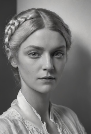 Retrato hiperrealista de mujer Joven Rusa por David Hockney y Alphonse Mucha, y Giger, pintura en blanco y negro, Fantasyart, fotorrealista, dynamic  lighting, artstation, cartel, volumetric illumination, caras muy detalladas, 4 K, premiado