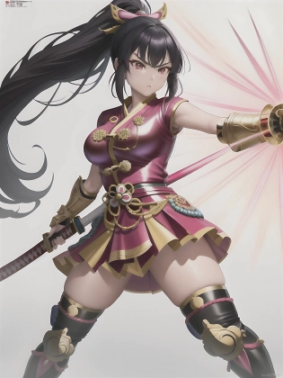 The ultimate Asian girl warrior stands proud in her ornate armor, wielding a gleaming katana and poised to strike with deadly accuracy. Takashi Murakami's superflat style brings a vibrant, modern feel to the piece, while hyperrealism and careful attention to detail create a breathtaking, unparalleled masterpiece that exudes a sense of power and awe.