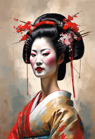 Painting of a geisha woman with a sword in her hand, Portrait de geisha, Portrait of a geisha, Beauty Geisha, geisha, Geisha japonaise, Portrait of a beautiful geisha, Coiffure Geisha, Art japonais, Samurai portrait, Portrait photo de geisha, Geisha described as Japanese, Style artistique japonais, inspired by Toyohara Kunichika