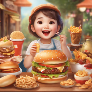 In the center of the face is an animated girl wearing a cute hair ornament,With an innocent smile on his face?She sat in the middle of a pile of snacks,The surroundings are covered with a variety of delicious snacks and desserts,Such as potato chips?Cupcakes?milk tea, etc?The girl holds a large burger in both hands,Open your mouth and gobble it up,There was unabashed appetite and happiness in his eyes?Hamburgers are littered with empty snack packs?The color tone of the picture is bright and warm,The text font is lively and cute?The whole picture is full of innocence and vitality,Convey the passion and joy of food?The pattern stands out 