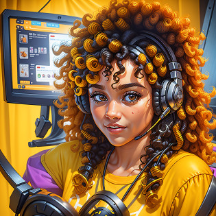 (best quality) (detailed description) woman playing on mobile phone, with curly hair and a yellow shirt, her face framed with curls, playing, wearing headset to games, holding the controller, using a headset for games, playing video games, Twitch streamer, streamer