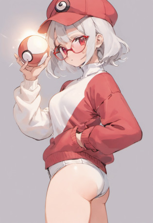 Bad face,Baseball Cap,Red Baseball Cap.White shorts with right hand sticking forward,Turtleneck knitwear,Red glasses,Hi-Res, 1womanl,Pose with your right arm stretched forward, ??,Holding a Pok� Ball in Your Hands, grey  eyes, white  hair, Red glasses,Red Baseball Cap, Red knitted turtleneck with long sleeves, White shorts, a belt, stadio, deph of field, Bad face, Stick out the arm holding the pok� ball, put hands on the hip,