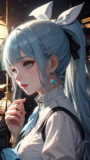 kamisato ayaka (heytea), kamisato ayaka, official alternate costume, ponytail, serafuku, blunt bangs, hair bow, black bow, hair ribbon, red ribbon, BREAK sneakers , pleated skirt, grey eyes, BREAK (light blue hair:1. 3), mole under eye , BREAK rich traditional royal house , BREAK rich