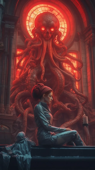Beautiful pale cyberpunk people with octopus faces are sitting against the backdrop of the Lviv Opera House, peeling pumpkin seeds and smoking joints, surrounded by hyper details, cinematic lighting, magical neon, and a dark red city --ar 9:16 --q 2