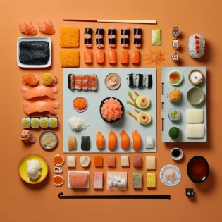 perfect sushi knolling :: Wes Anderson color palette, studio lighting, low contrast, 8k --q 2 --v 5