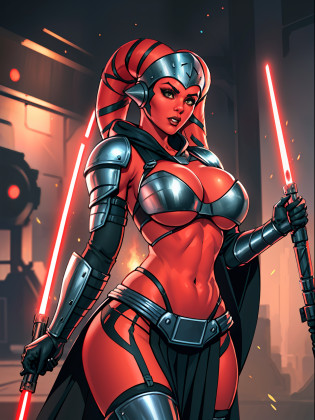 armor, busty, gigantic boobs, ((red skin), twi'lek), dual red lightsabers, evil space knight, space ninja, (wearing black robes, black stealth armor, breastplate, tunic, tabard, cowl, cloak, body glove, straps, buckles, skirts, long sleeves, fantasy, ((armor))), ((busty), slender body, thin, slim sexy body, slim waist, ((gigantic breasts))), Imperial starship, Star Wars,