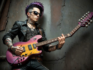 (Arafed man with guitar and sunglasses lying on the wall, red sunglasses and guitar holding an electric guitar, holding an electric guitar, holding an electric guitar, holding an electric guitar, playing an electric guitar, lead guitar, holding a guitar, solo guitar, swinging, electric guitar, promo shot, promo photo, guitar shot, guitarist, emo checkout with good quality, gothic reflection, punk of the 2000s, with size payment, pistol hairstyle, big emo hairstyle 