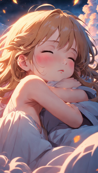?masterpiece, Highest quality, MovieSteel, 1girl, Cloud Girl, Floating in the sky, close-up, Brightness, happiness, Warm soft lighting, sunset, Sleeping, Sleep on your stomach, Sleep, Eyes closed. (sparks:0.7)