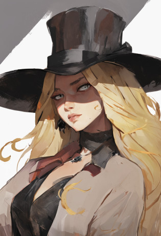 Nixeu, 1girl, black background, blonde hair, closed mouth, earrings, fur trim, gray eyes, hat, highlight, jewelry, big hat, light particles, long hair, looking at the audience, mixed language commentary, mole, mole, nostrils, raw, red lips, shadow face, shadow, simple background, solo, upper body, witch hat