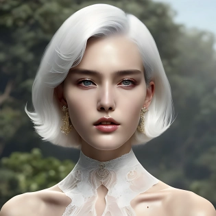 mdjrny-v4 style, white hair, a young South Korean girl with medium-length white hair, a highly detailed face by Greg Rutkowski and Magali Villeneuve, wearing white lingerie maid costume, black choker, beautiful eyes, small breasts, toned body, cinematic lighting, Hyperrealism, 8k uhd
